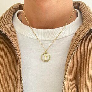 y2k gold round cross pendant necklace